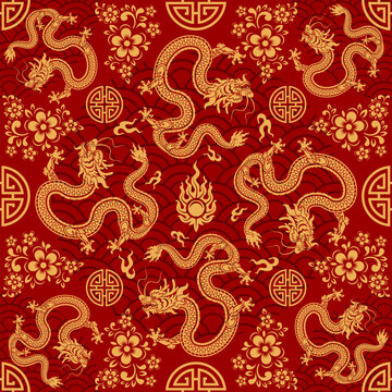Seamless pattern happy chinese new year 2024 the dragon zodiac sign with asian elements paper cut style on color background. ( Translation : happy new year 2024 year of the dragon )