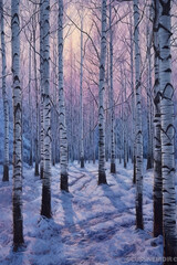 Fototapeta na wymiar Birch trees in winter fine art print in the style. AI generative