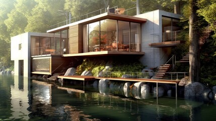 Fototapeta na wymiar Modern House Design At River Ideas