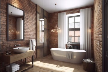 Fototapeta na wymiar rustic bathroom with a brick wall and a freestanding bathtub Generative AI