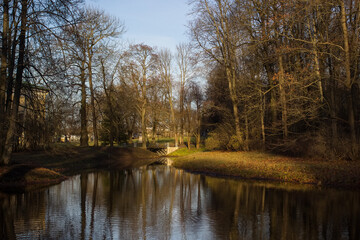 Background on the pond and bridge in the park in Pushkin