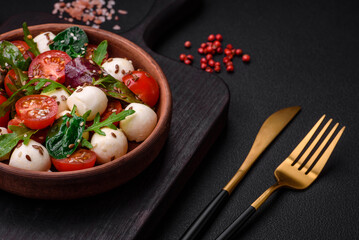 Delicious fresh salad with mozzarella cheese, cherry tomatoes, herbs, salt and spices