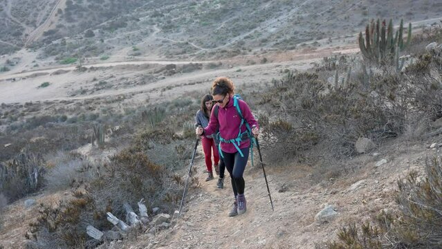 three latino mixed ages hikers going up a hill through a trail in the north of Chile