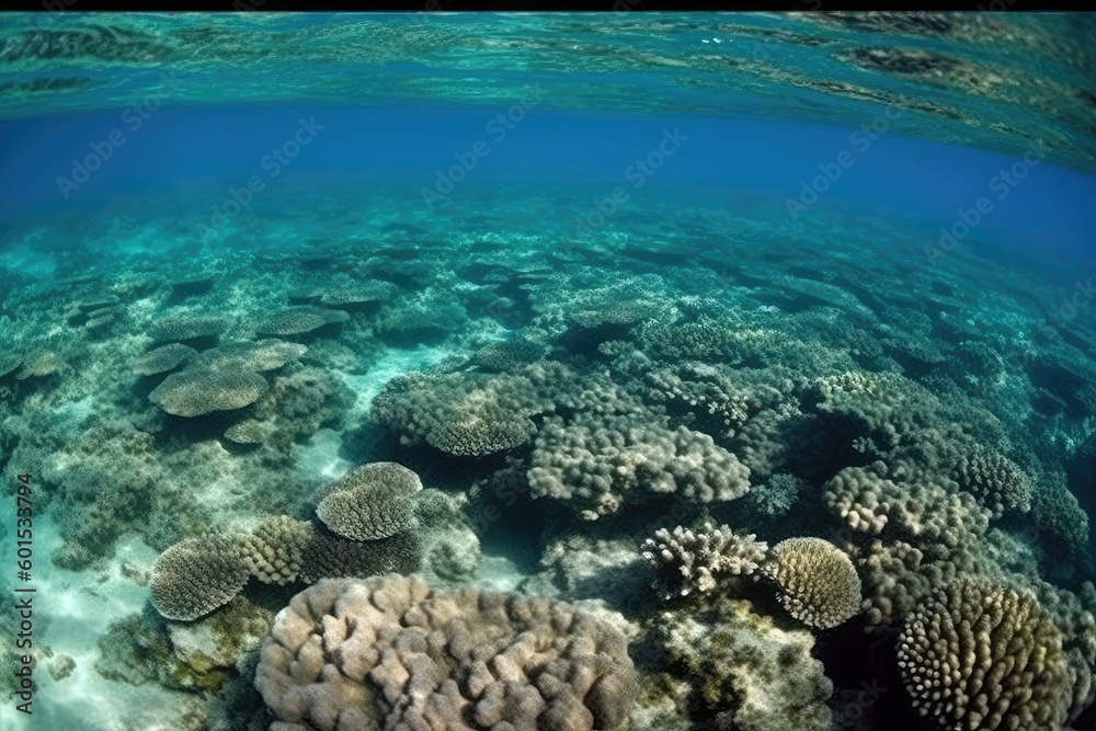 Poster an underwater world showcasing a vibrant coral reef ecosystem Generative AI