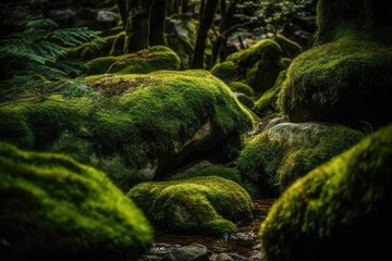 lush green moss covering rocks in a serene forest Generative AI