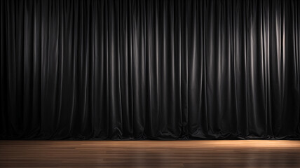 Wooden floor stage with black curtain showcase show room generated Ai