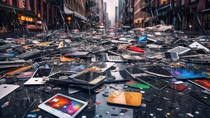 Discarded cellphones, mobile phones, and other electronics on the street. Technological obsolescence concept. Overuse of technology concept. Technology dependence concept. Generative AI.
