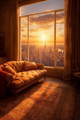 Glorious morning warm colors amazing cozy room. AI generative