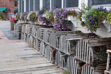 Fototapeta na wymiar Lobster cages in a row. Candem, Maine