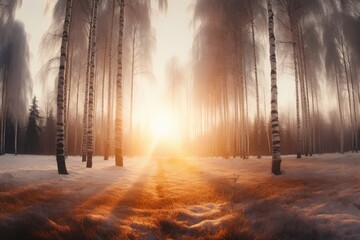 winter forest with sunlight shining through the trees Generative AI