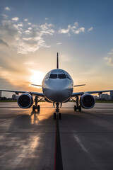 Fototapeta na wymiar Airplane at the airport at sunset. Generative AI