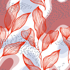 Sketch style doodle line texture leaves over stains and dots seamless vector pattern organic design.