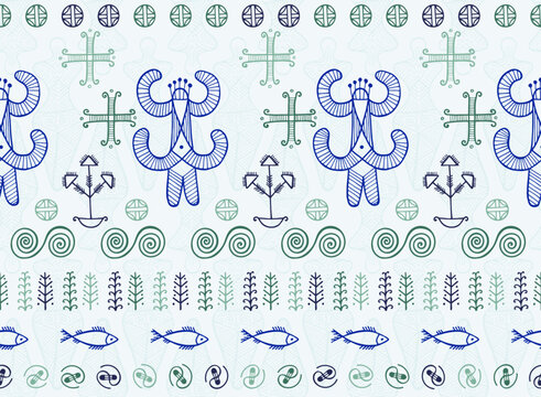 Pagan woman trypillian symbol seamless pattern. Magic european tribal vector. Ancient