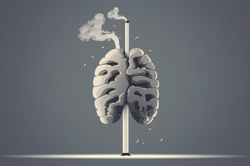 sad cartoon lung smoking a cigarette on a gray solid background. Generative AI