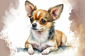 Generative AI. Portrait of a Chihuahua, a popular dog breed. Head of a toy terrier on watercolor background.