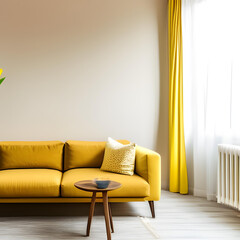 design scene with sofa, Sofa in a Room, Window LIght, Glass on a table, Yellow Sofa