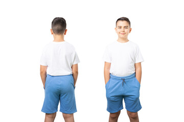 white t-shirt on a young boy, isolated, front and back view, hands pockets