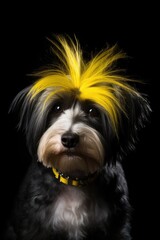 Naklejka premium Havanese with a yellow mohawk on his head on a black background Generative AI