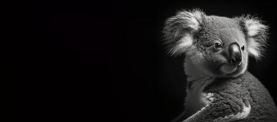Black and white photorealistic studio portrait of a Koala on black background. Generative AI illustration