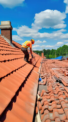 The master repairs the roof tiles of the house. Roofing, repair and renovation work. Generative AI