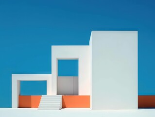 blue and orange building at sunrise in the style of minimalist abstracts