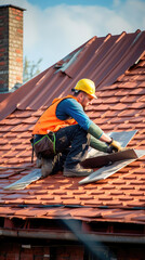 The master repairs the roof tiles of the house. Roofing, repair and renovation work. Generative AI
