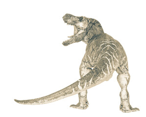 t-rex on blood is looking around rear view in white background