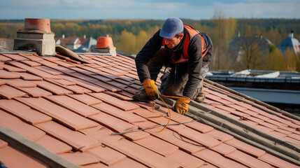 The master repairs the roof tiles of the house. Roofing, repair and renovation work. Generative AI