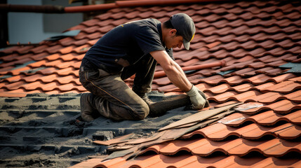 Fototapeta premium The master repairs the roof tiles of the house. Roofing, repair and renovation work. Generative AI