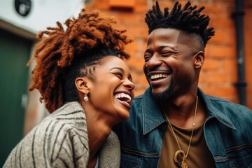 Black couple in their 30's laughing and talking together outdoors. Generative AI.