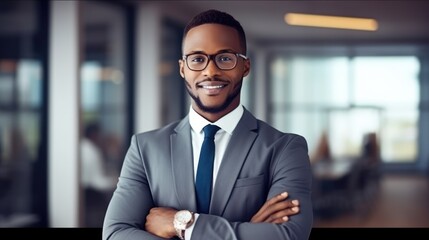 Smiling confident mature black businessman looking at camera standing in office. Elegant stylish corporate leader successful ceo executive manager wearing glasses. Generative ai