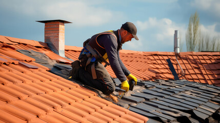The master repairs the roof tiles of the house. Roofing, repair and renovation work. Generative AI