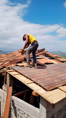 The master repairs the roof tiles of the house. Roofing, repair and renovation work. Generative AI