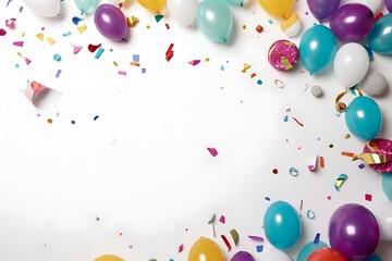 Variety of birthday party supplies on white background, Generative AI
