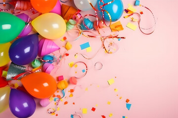 Variety of birthday party supplies on pink background, Generative AI