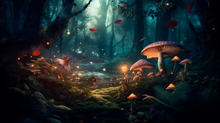 Fototapeta na wymiar Beautiful and mysterious enchanted forest with mushrooms, fireflies, butterflies and other creatures and plants. Copy space in the middle, outdoor nature background. Generative AI