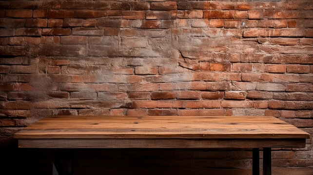 Background for still lifes and other compositions, an empty rustic brown wooden table against a brick wal. Generative AI