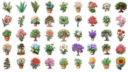 Collage of cartoon stickers of variety of plants and trees over white background. Generative AI