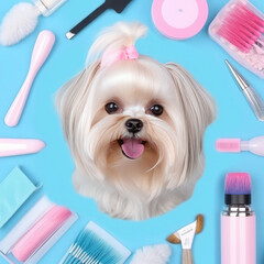 Groomer services concept with dog on blue background Generative AI