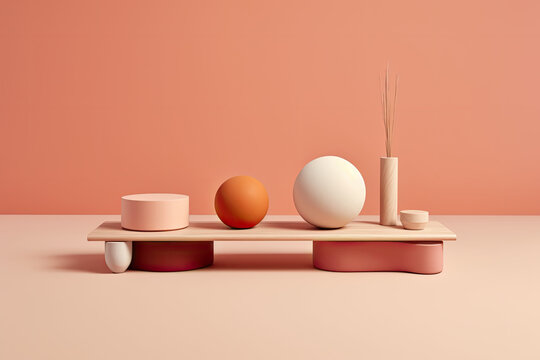 Display for products on wooden mounting podium, new naturalism style, neutral background, generative ai illustration 