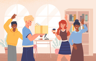 First day at work. Men with box of things greet new colleagues and partners. Good atmosphere and friendly staff, cheerful people. Introduction and acquaintance. Cartoon flat vector illustration