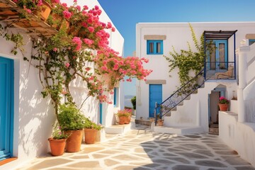 Fototapeta na wymiar A sunny street in a traditional maritime Greek village. Ai generated.