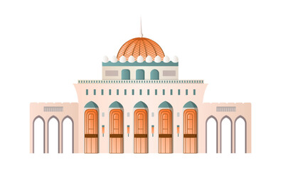 Traditional Oman building. Oriental architecture, exterior and facade. Historical landmark, large white marble temple or building with orange dome. Cartoon flat vector illustration