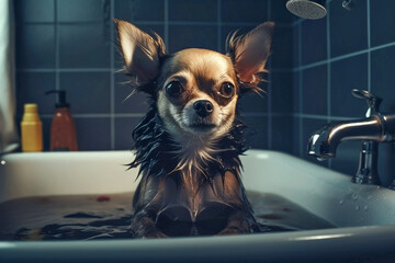 Generative AI image of chihuahuas bathing in a sink