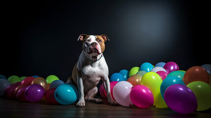 Fototapeta na wymiar Generative Ai image of a pitbull sitting in a room filled with balloons