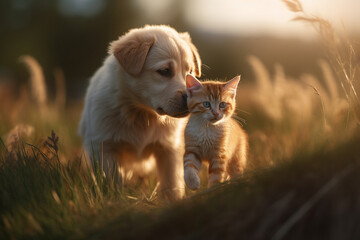 Generative AI image of a cute puppy and kitten in a field. - 601541794