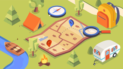 Travel isometric composition. Map with compass and magnifying glass near river and house. Bonfire and tent, boat with oars. Navigation and destination. Cartoon vector illustration