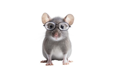grey mouse wearing tiny spectacles looking content isolated on a transparent background, generative ai