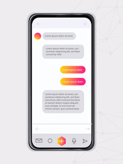 Chatting phone display. Communication and interaction on Internet, social networks and instant messengers. Interface for mobile programs and applications. Realistic 3D vector illustration