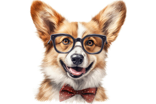 a smiling corgi wearing oversized glasses and a red bowtie isolated on a transparent background, generative ai